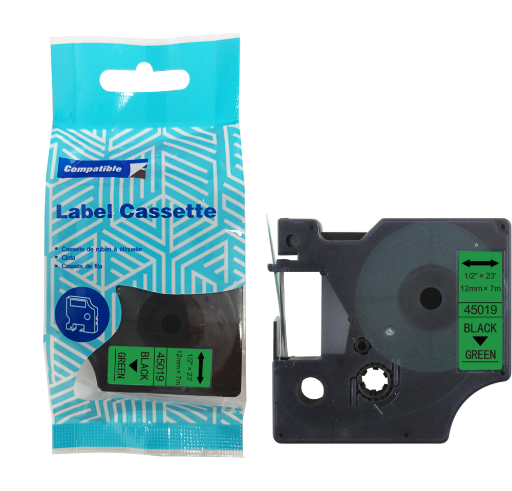 Tape DYMO D1 45019 12mm x 7m S0720590 Black on Green compatible cartridge 1