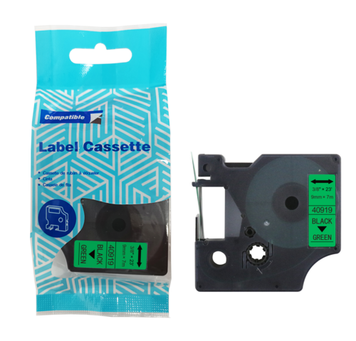 Tape DYMO D1 40919 9mm x 7m S0720740 Black on Green compatible cartridge 1